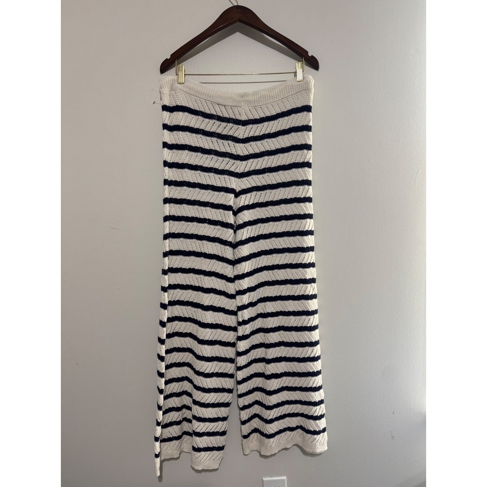 Aerie Women's Navy Blue Striped Knit Wide Leg Pants Drawstring Beach Resort Wear - Picture 6 of 11